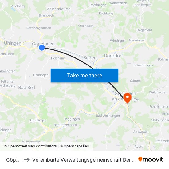 Göppingen to Vereinbarte Verwaltungsgemeinschaft Der Stadt Geislingen An Der Steige map