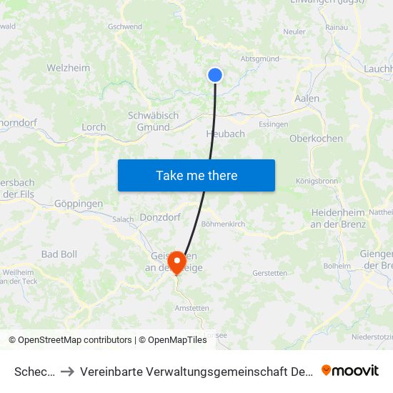 Schechingen to Vereinbarte Verwaltungsgemeinschaft Der Stadt Geislingen An Der Steige map