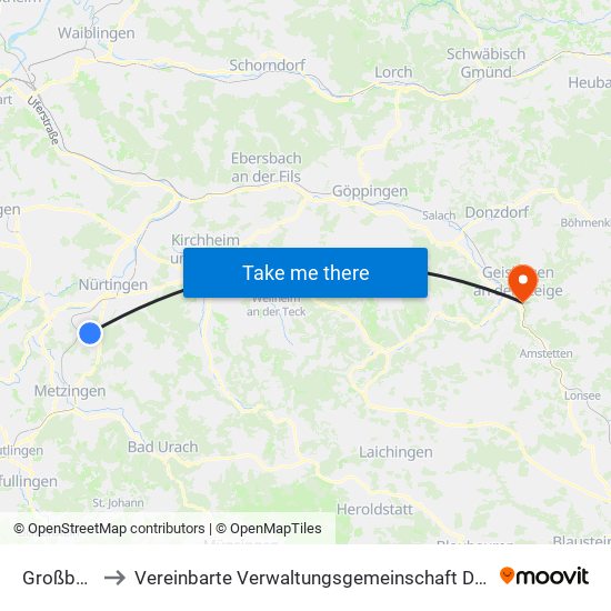 Großbettlingen to Vereinbarte Verwaltungsgemeinschaft Der Stadt Geislingen An Der Steige map