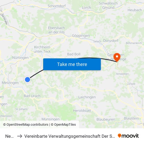 Neuffen to Vereinbarte Verwaltungsgemeinschaft Der Stadt Geislingen An Der Steige map