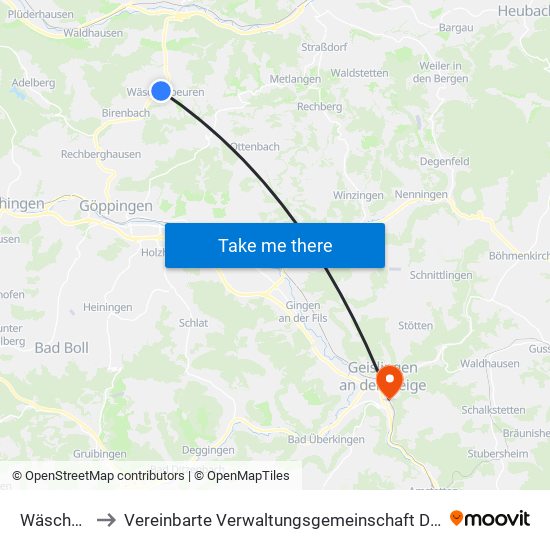 Wäschenbeuren to Vereinbarte Verwaltungsgemeinschaft Der Stadt Geislingen An Der Steige map