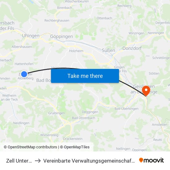 Zell Unter Aichelberg to Vereinbarte Verwaltungsgemeinschaft Der Stadt Geislingen An Der Steige map