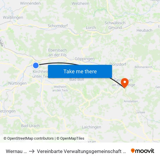 Wernau (Neckar) to Vereinbarte Verwaltungsgemeinschaft Der Stadt Geislingen An Der Steige map