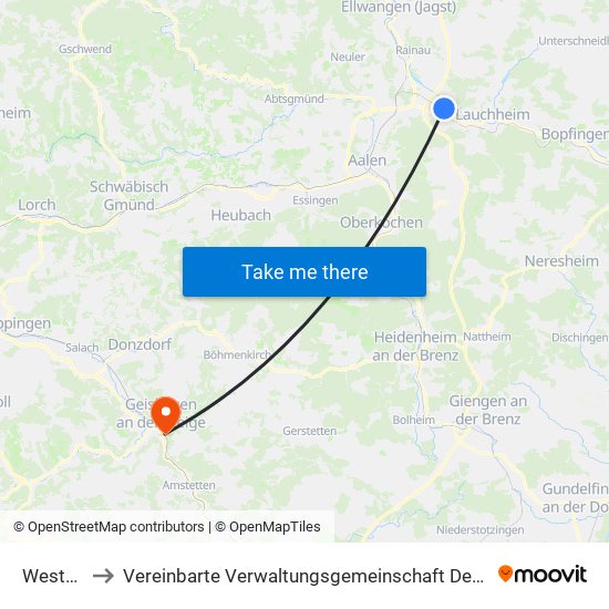Westhausen to Vereinbarte Verwaltungsgemeinschaft Der Stadt Geislingen An Der Steige map