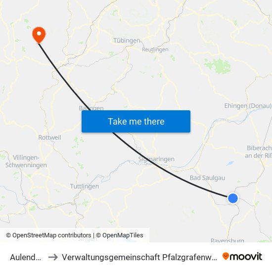 Aulendorf to Verwaltungsgemeinschaft Pfalzgrafenweiler map