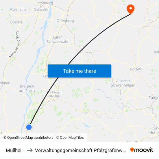 Müllheim to Verwaltungsgemeinschaft Pfalzgrafenweiler map