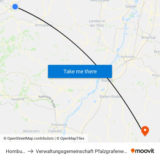Homburg to Verwaltungsgemeinschaft Pfalzgrafenweiler map
