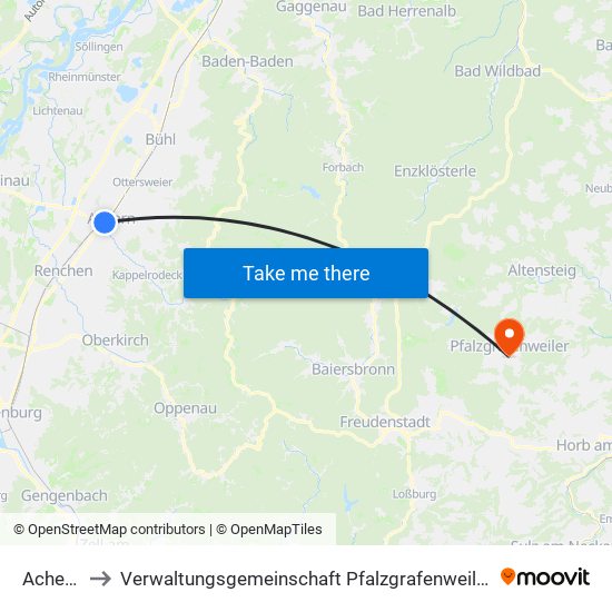 Achern to Verwaltungsgemeinschaft Pfalzgrafenweiler map