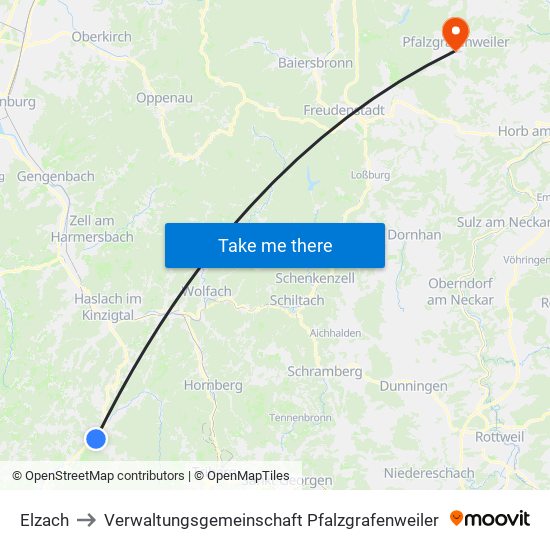 Elzach to Verwaltungsgemeinschaft Pfalzgrafenweiler map