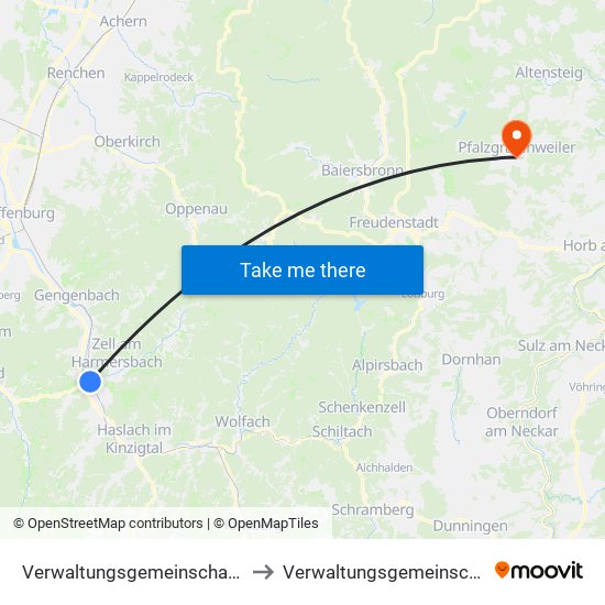 Verwaltungsgemeinschaft Zell am Harmersbach to Verwaltungsgemeinschaft Pfalzgrafenweiler map