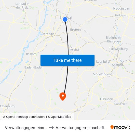 Verwaltungsgemeinschaft Bruchsal to Verwaltungsgemeinschaft Pfalzgrafenweiler map