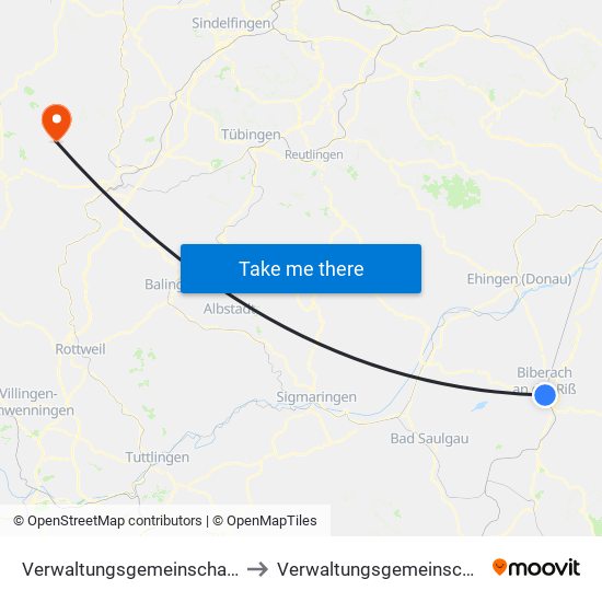 Verwaltungsgemeinschaft Biberach An Der Riß to Verwaltungsgemeinschaft Pfalzgrafenweiler map