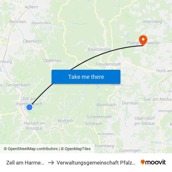 Zell am Harmersbach to Verwaltungsgemeinschaft Pfalzgrafenweiler map