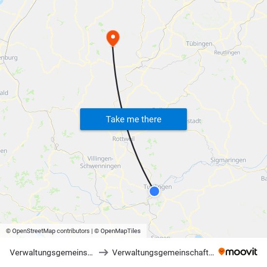 Verwaltungsgemeinschaft Tuttlingen to Verwaltungsgemeinschaft Pfalzgrafenweiler map