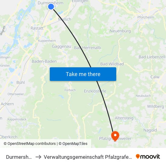 Durmersheim to Verwaltungsgemeinschaft Pfalzgrafenweiler map