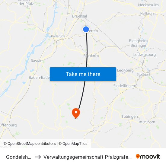 Gondelsheim to Verwaltungsgemeinschaft Pfalzgrafenweiler map