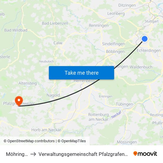 Möhringen to Verwaltungsgemeinschaft Pfalzgrafenweiler map