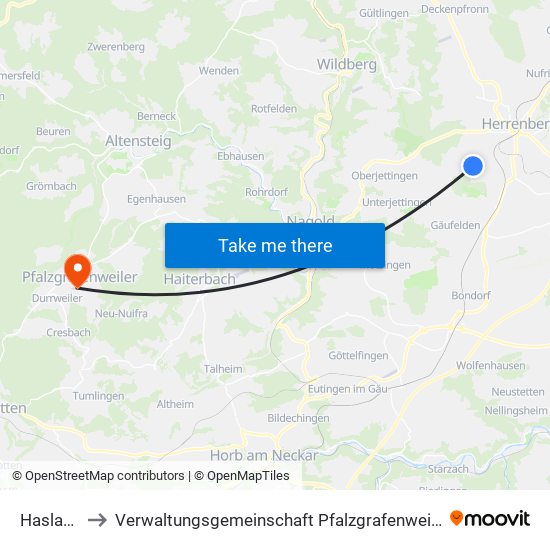 Haslach to Verwaltungsgemeinschaft Pfalzgrafenweiler map