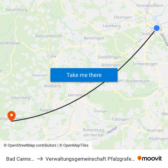 Bad Cannstatt to Verwaltungsgemeinschaft Pfalzgrafenweiler map