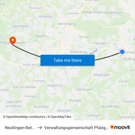 Reutlingen-Betzingen to Verwaltungsgemeinschaft Pfalzgrafenweiler map