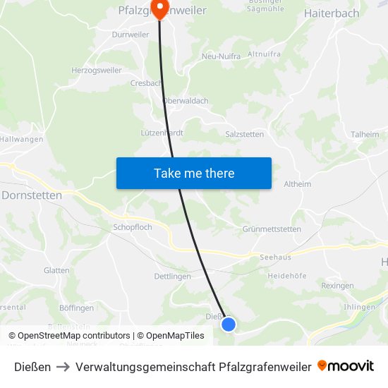 Dießen to Verwaltungsgemeinschaft Pfalzgrafenweiler map