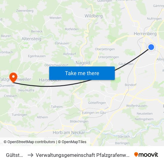 Gültstein to Verwaltungsgemeinschaft Pfalzgrafenweiler map