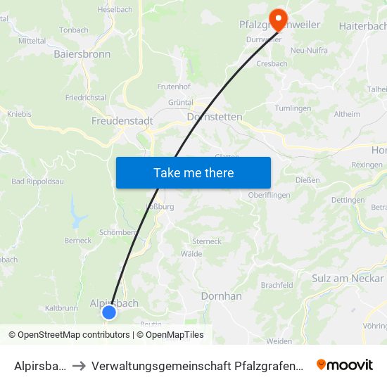 Alpirsbach to Verwaltungsgemeinschaft Pfalzgrafenweiler map