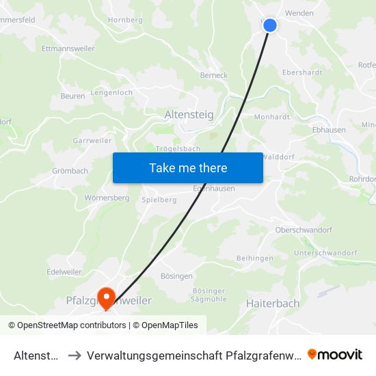 Altensteig to Verwaltungsgemeinschaft Pfalzgrafenweiler map