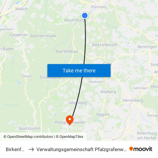 Birkenfeld to Verwaltungsgemeinschaft Pfalzgrafenweiler map