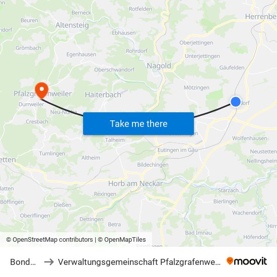 Bondorf to Verwaltungsgemeinschaft Pfalzgrafenweiler map
