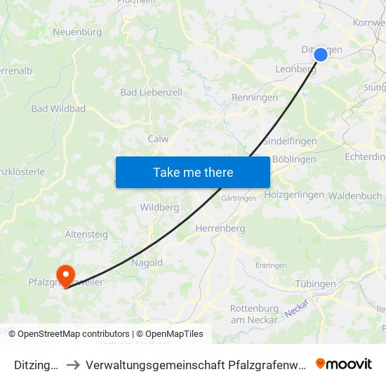 Ditzingen to Verwaltungsgemeinschaft Pfalzgrafenweiler map