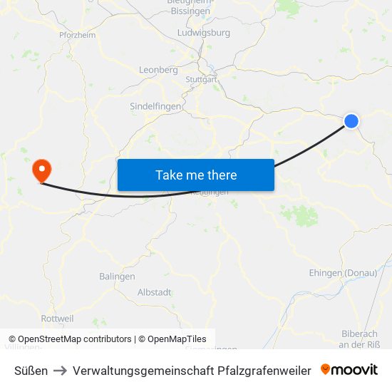 Süßen to Verwaltungsgemeinschaft Pfalzgrafenweiler map