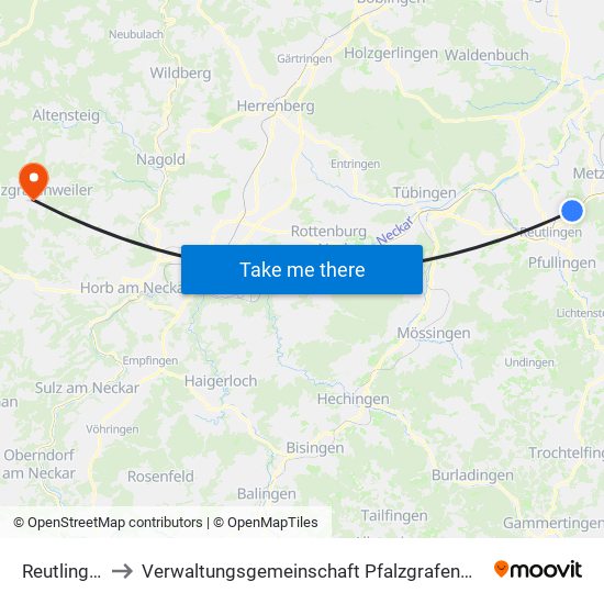 Reutlingen to Verwaltungsgemeinschaft Pfalzgrafenweiler map