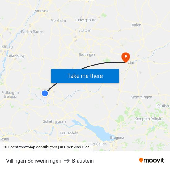 Villingen-Schwenningen to Blaustein map