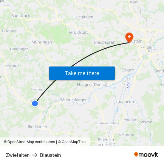 Zwiefalten to Blaustein map