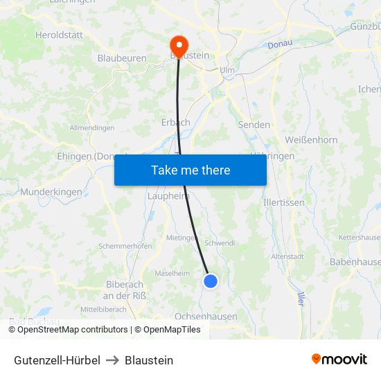 Gutenzell-Hürbel to Blaustein map