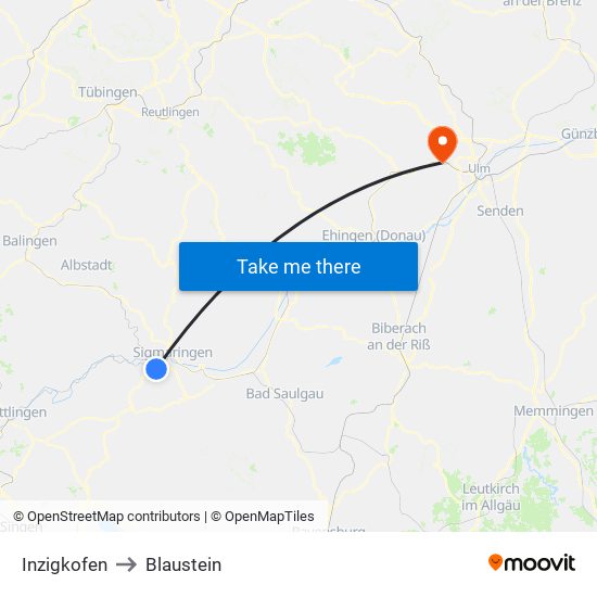 Inzigkofen to Blaustein map