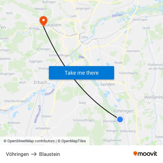 Vöhringen to Blaustein map