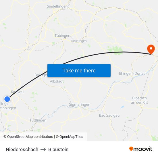 Niedereschach to Blaustein map