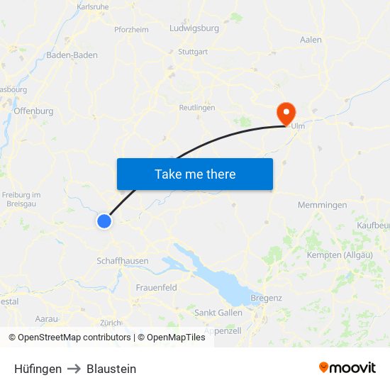 Hüfingen to Blaustein map