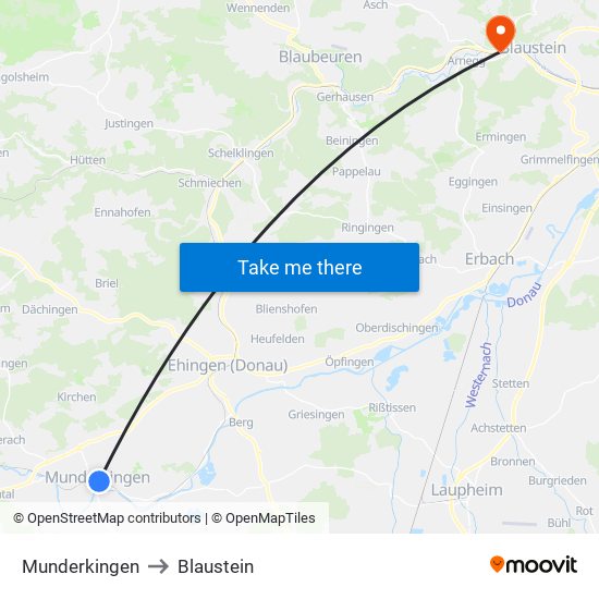 Munderkingen to Blaustein map