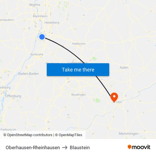 Oberhausen-Rheinhausen to Blaustein map