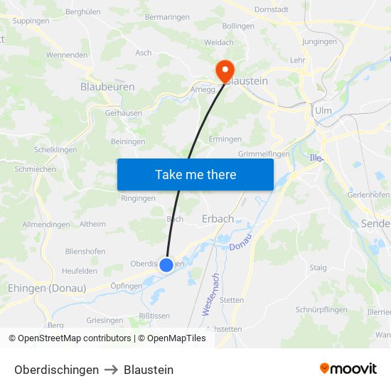 Oberdischingen to Blaustein map