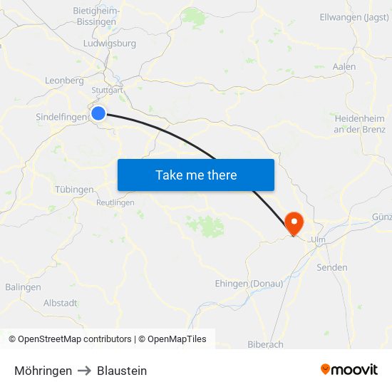 Möhringen to Blaustein map