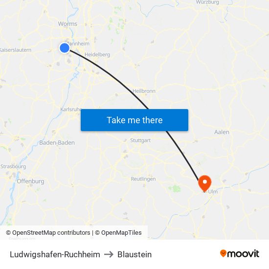 Ludwigshafen-Ruchheim to Blaustein map