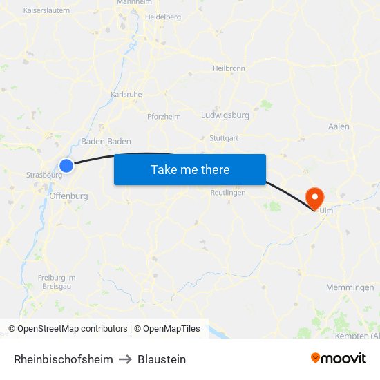 Rheinbischofsheim to Blaustein map