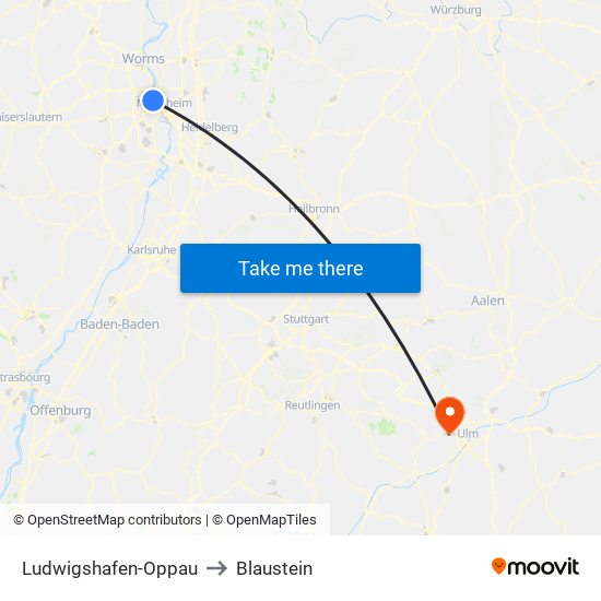 Ludwigshafen-Oppau to Blaustein map