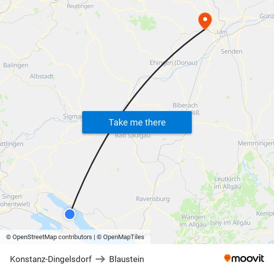 Konstanz-Dingelsdorf to Blaustein map
