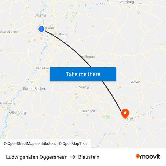 Ludwigshafen-Oggersheim to Blaustein map