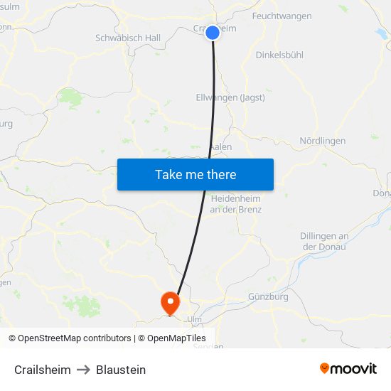 Crailsheim to Blaustein map